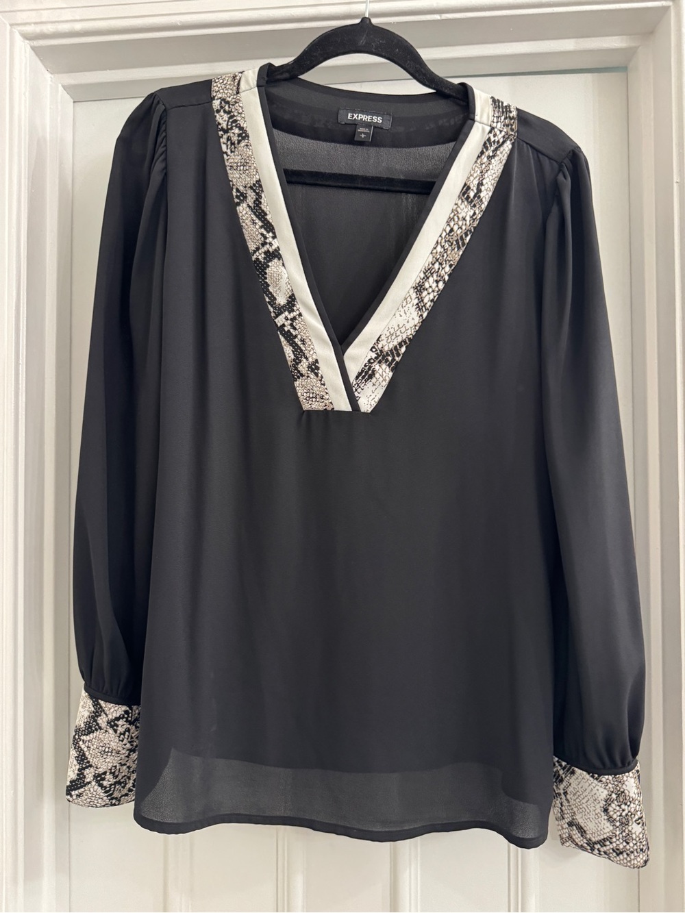 Express Black V-Neck Blouse with Snake-Print Trim